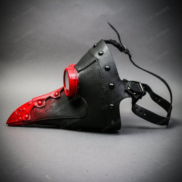 Black Steampunk Plague Doctor w/ RED Goggle Short Bird Beak Halloween Party Mask - Picture 4 of 6